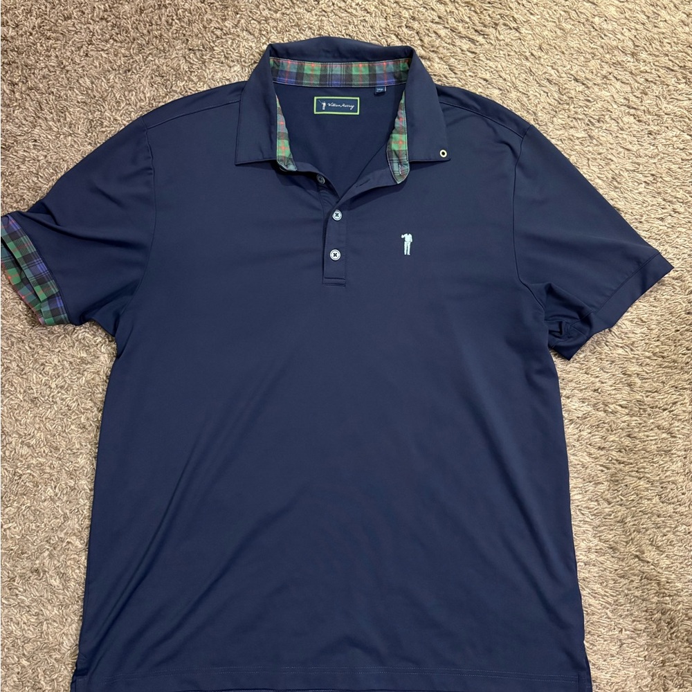 William Murray Golf Navy Polo with Plaid Collar